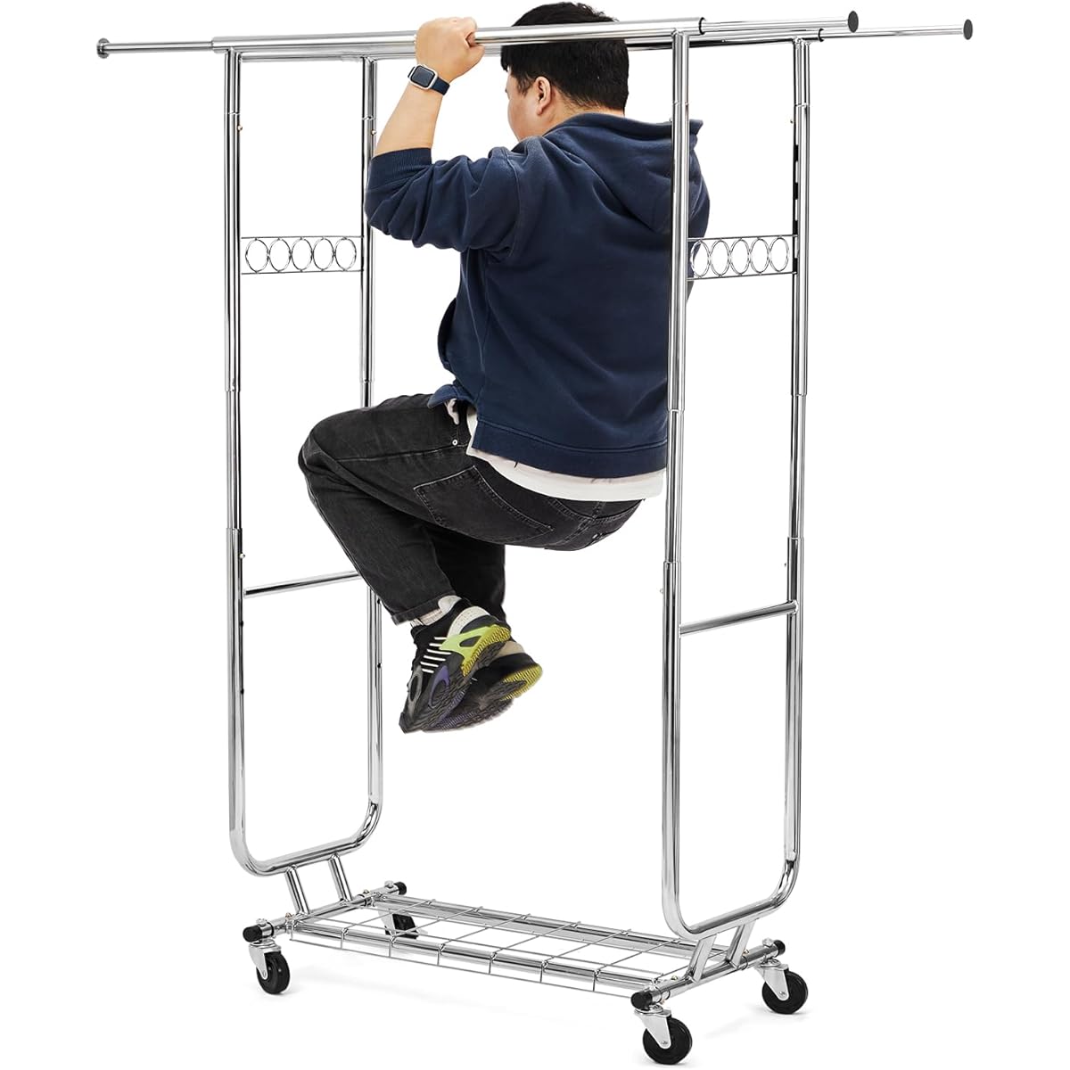HOKEEPER Hanger Rack, Pipe Hanger Rack, Load Capacity 150KG, Commercial Use, Large Capacity, Storage Rack, Clothes Drying Stand, Clothes Hanger, Clothes Storage, Shelf Included, Vertical and Horizontal Stretchable, Height Adjustable, Silver