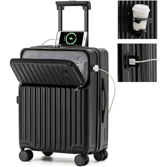 [Voxkin] Suitcase, Front-Opening Carry Case, Carry-on USB Port, Front-Opening Cover, Carry Bag, Cup Holder Included, Lightweight, Quiet, 4 Nights, 5 Days, PC+ABS Material, Ranking, Cute, Many Storage Pockets, Business Trips, School Trips, M Size, Approx.