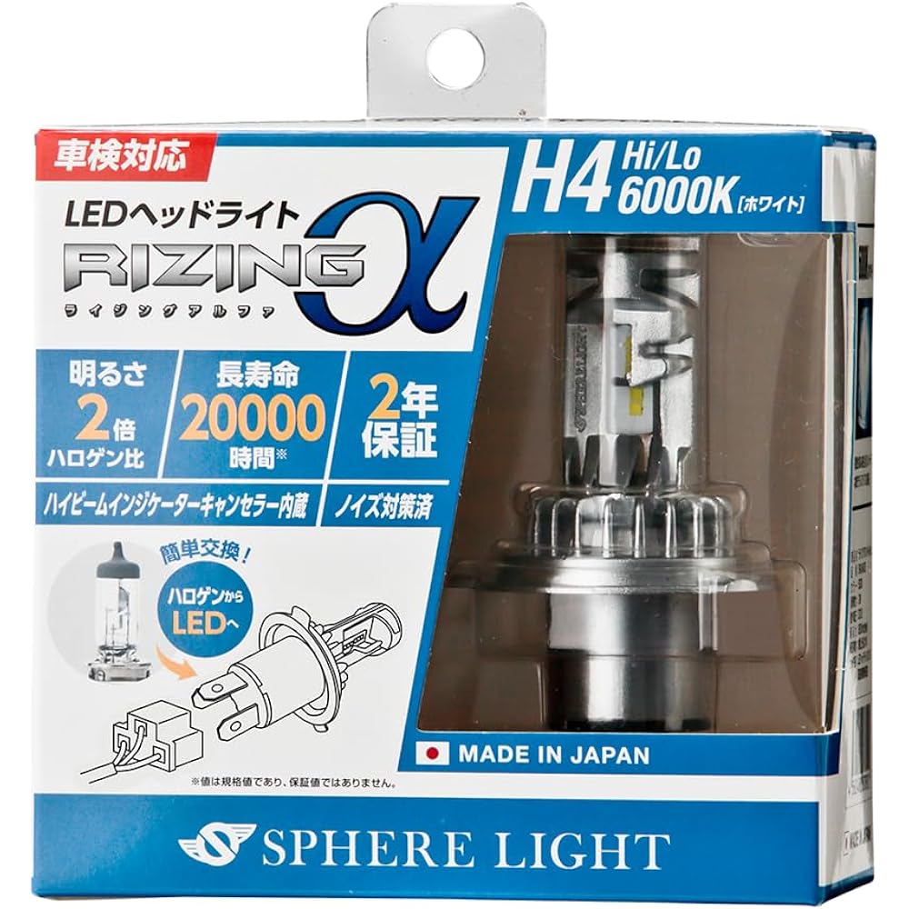 Sphere Light Made in Japan Car LED Headlight RIZINGα H4 6000K Vehicle Inspection Compatible 3600lm Noise Countermeasured SRACH4060-02