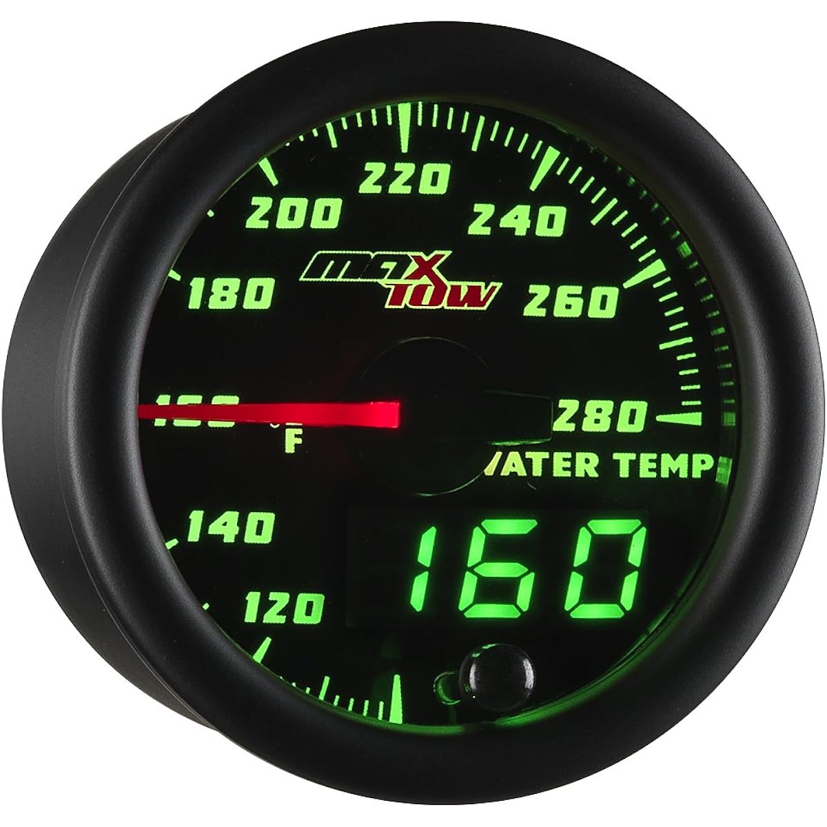 MAXTOW Double Vision 280 F Water Cooling Termeter Kit -With Electronic Sensor -Black Gauge Face -Green LED Illumination Dial -Analog & Digital Read -Trucks -2-1/16 inches 52mm