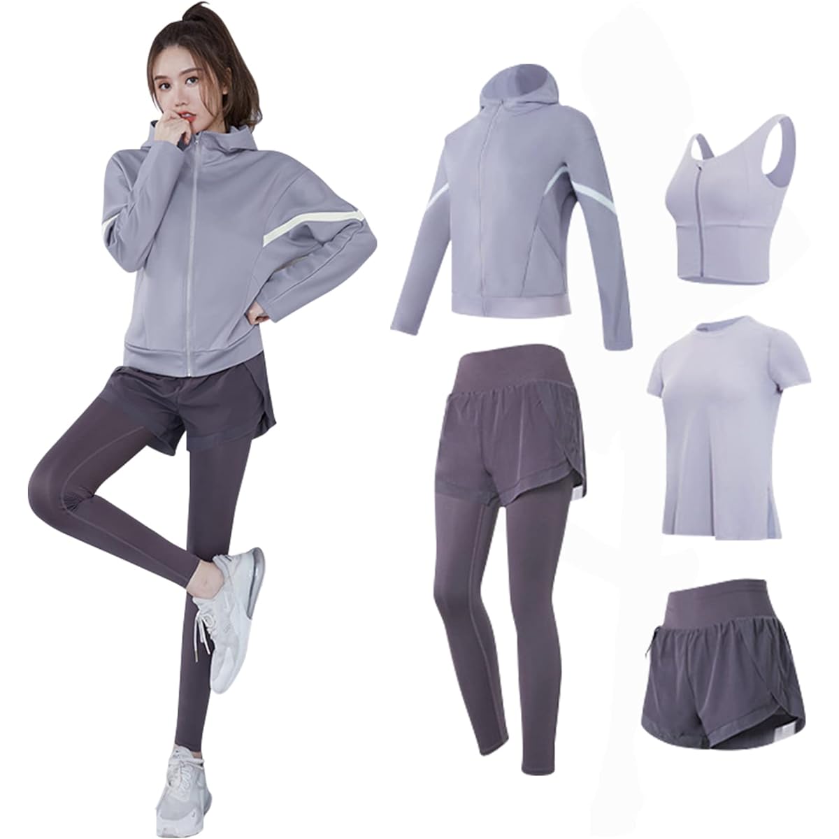 [Mskikefly] Women's Yoga Wear, Stretchy, Sweat Absorbent, Quick Drying, Training Wear, Jersey Top and Bottom Set, 5 Pieces, Running Wear, Sports Bra, Long Tights, Hoodie, Short Sleeves, Short Pants, Suitable for All Seasons