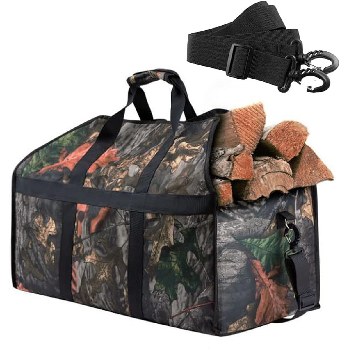 GRANSEED Firewood Bag, Firewood Container, Log Carry, Outdoor, Camping, Thick, Shoulder Belt Included, Storage, Canvas, Waterproof, Large Capacity, Portable, Camouflage