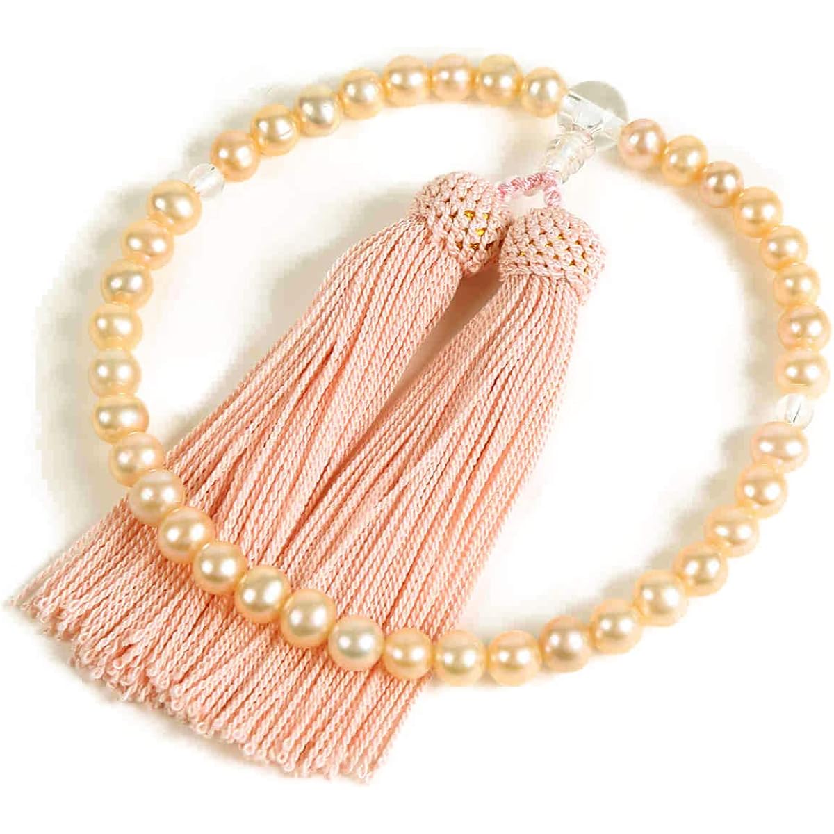 Nenjudo <Made in Japan Prayer Beads> Women's Freshwater Pearls (Pink Orange) with Crystal [Bead Bag Included] Pure Silk Tassel (100% Silk) Domestic Handmade Prayer Beads that Can Be Used by All Sects [Long-established Prayer Bead Manufacturer Founded Ove