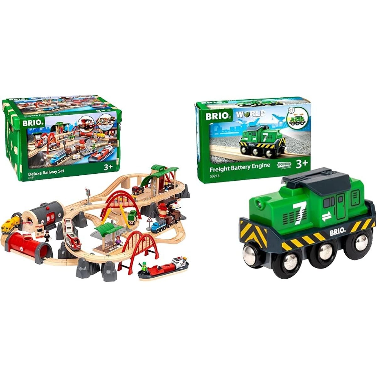 BRIO WORLD Rail & Road Deluxe Set Ages 3+ (Train Toy Wooden Rail) 33052 & Battery Power Freight Transport Engine 33214 [Set Purchase]