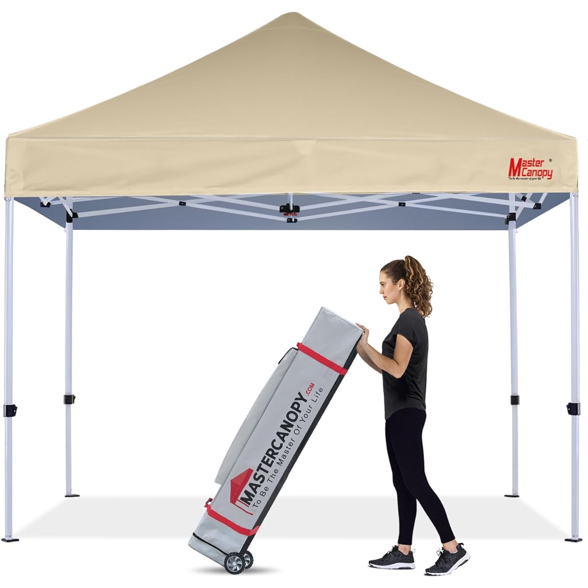 MASTERCANOPY Tarp Tent One-Touch 3M Commercial Outdoor 3 Level Adjustment Steel Frame Water Resistant UV Protection (Caster Bag Peg Rope Weight Bag Included) (Beige)