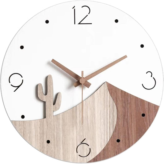 Danmukeji Wall Clock, Stylish, Cute, Popular, Scandinavian, Quiet, Wooden Clock, Round, Unframed, 3D 3D, Desert Cactus Pattern Dial, Continuous Second Hand, Wall Hanging, Modern, Home Office, Living Room, Study Room Decoration, New House/Moving Gift, 12