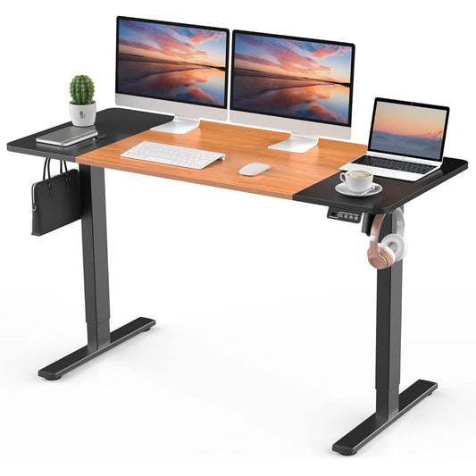 ERGOMAKER Electric Lifting Desk Standing Desk (Width 140 x Depth 60cm) Height Adjustable for Home Office Ergonomic Computer Desk (Legs (Black) + Top Board (Black & Cherry Wood Grain), 140*60)