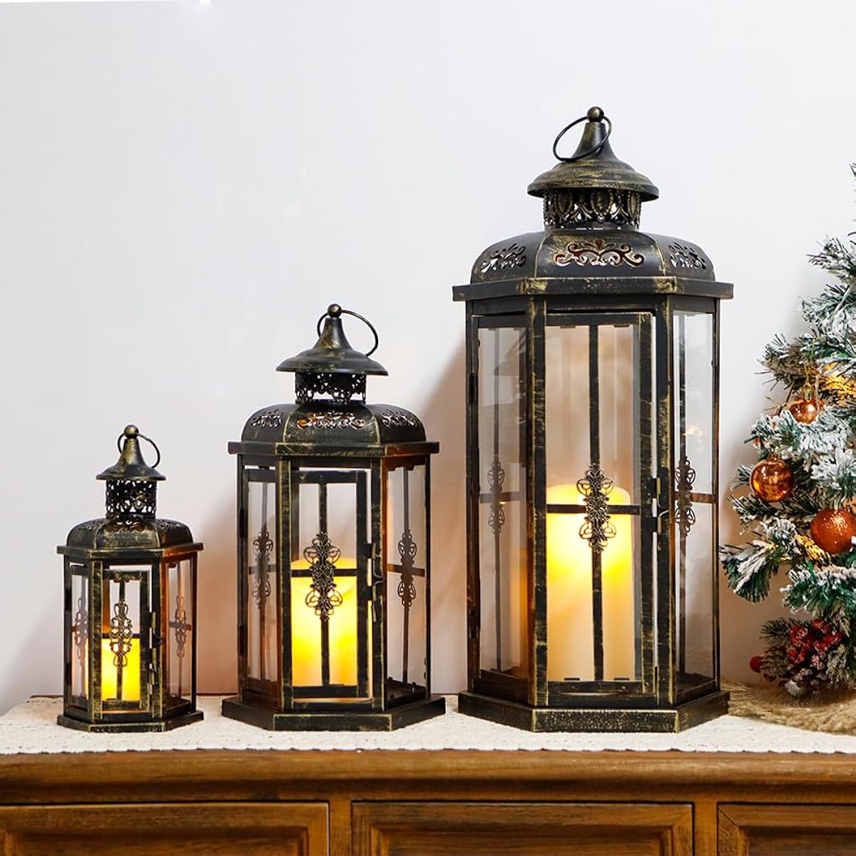 JHY DESIGN Set of 3 Candle Lanterns Height 25&36&50CM Old Candle Holder Vintage Candlestick Candle Stand Indoor/Outdoor Stylish Interior Goods Bar Office Room Wedding Birthday Christmas Present (Black)