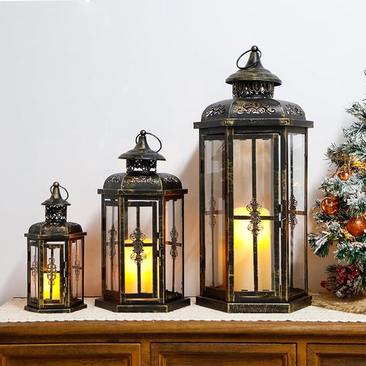 JHY DESIGN Set of 3 Candle Lanterns Height 25&36&50CM Old Candle Holder Vintage Candlestick Candle Stand Indoor/Outdoor Stylish Interior Goods Bar Office Room Wedding Birthday Christmas Present (Black)