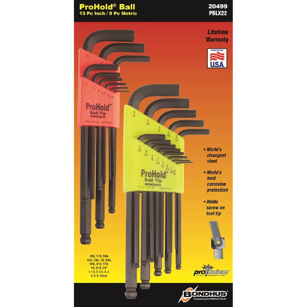 [Domestic regular product] BONDHUS hex wrench set multi-pack black dyed 22 pieces (PBLX9M: 1.5, 2, 2.5, 3, 4, 5, 6, 8, 10mm PBLX13: 0.050, 1/16, 5/ 64, 3/32, 7/64, 1/8, 9/64, 5/32, 3/16, 7/32, 1/4, 5/16, 3/8 inch) PBLX22 No.20499