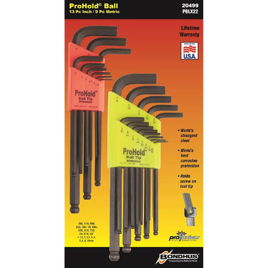 [Domestic regular product] BONDHUS hex wrench set multi-pack black dyed 22 pieces (PBLX9M: 1.5, 2, 2.5, 3, 4, 5, 6, 8, 10mm PBLX13: 0.050, 1/16, 5/ 64, 3/32, 7/64, 1/8, 9/64, 5/32, 3/16, 7/32, 1/4, 5/16, 3/8 inch) PBLX22 No.20499