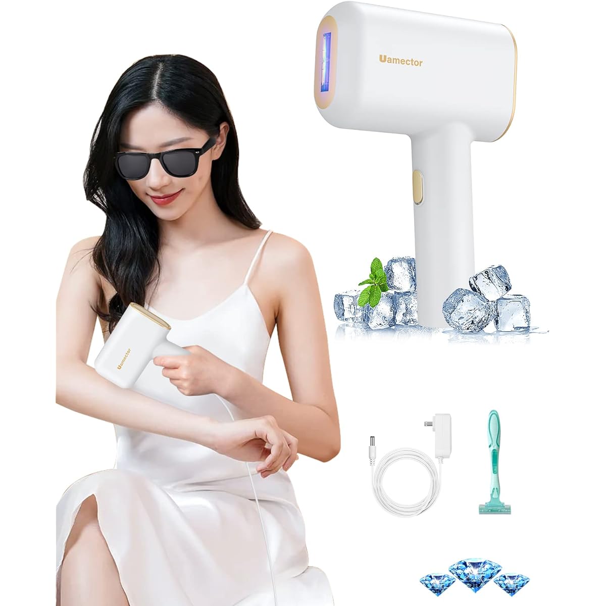 Uamector Hair Removal Device, Low Temperature Sapphire Cooling, Fast, Painless, Lightweight, Compatible with vio, Datsumouki Hair Removal Device, 990,000 Rounds, 5 Level Adjustment, Automatic Irradiation, Home Use Hair Removal Device, Unisex