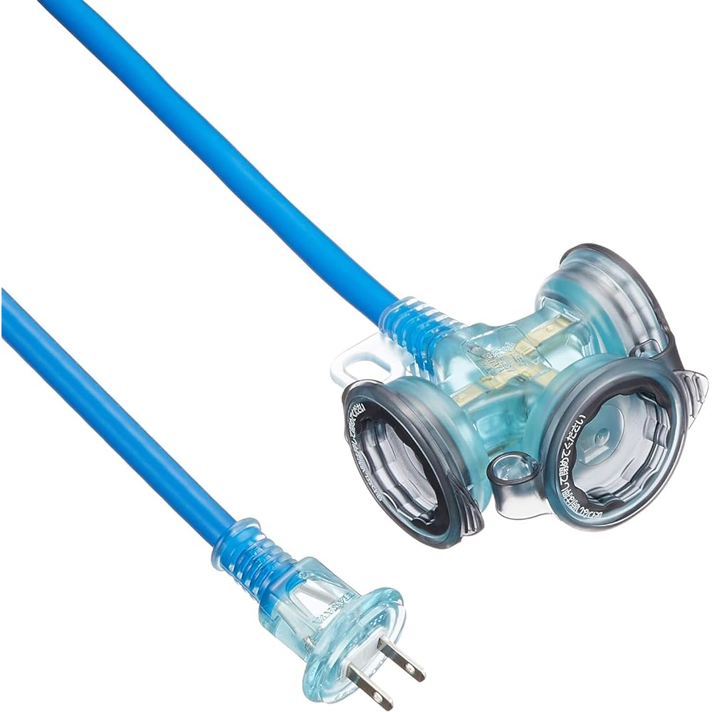 HATAYA 2P Extension Cord for Outdoor Use (Rainproof) Cord 10m Thickness 2.0㎟ 3 Outlets Comes with Outlet Rainproof Cap Built-in Pilot Lamp Comes with Ex-Band FX Extension Cord FX-103(B) Blue for Home Use, Factory Use, Construction Sites