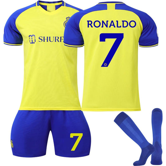 Ronald Uniform Cristiano Ronaldo Al Nasr Uniform NO.7 Football Jersey Set Soccer T-shirt Shorts Suit Summer Clothes Short Sleeve Men Student Commemorative Shirt Fan Shirt Socks Included (M)