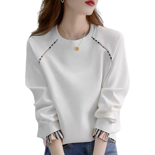 [MARIA MARFA] Color scheme sweatshirt switching sweatshirt plaid round neck casual pullover ladies