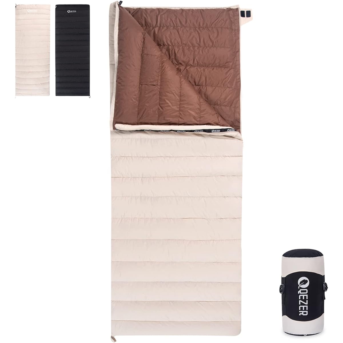 QEZER Down Sleeping Bag, Envelope Type Sleeping Bag, Suitable for 3 Seasons, Spring, Summer, and Autumn, 600FP Down, 400T Water Repellent, Compact, Ultra Lightweight, Connectable for 2 People, For Camping, Sleeping in the Car, Climbing, Evacuation, Stora