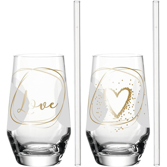 LEONARD Tumbler & Glass Straw Pair Special Gift Set 365ml "Love" 029184