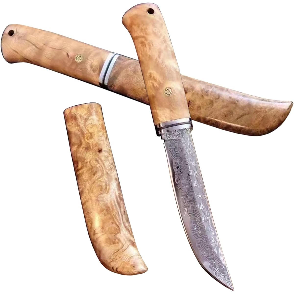 Irai Utaki Outdoor Knife Sheath Knife [Kaedehara Samurai] Blade Thickness 3.8mm 67 Layer Damascus Knife Dripping Blade Pattern Natural Wood Handle with Wooden Sheath for Survival Camping Mountain Walking Disaster Prevention Hunting DIY