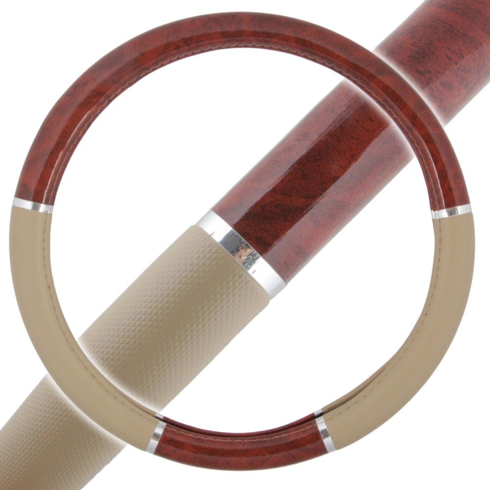 BDK Beige/Tan/Dark Wood Style Comfort Grip Leather Handle Cover Universal Fit Car Sedan, SUV, Truck (14.5 ~ 15.5 inch) (SW-238-BG)
