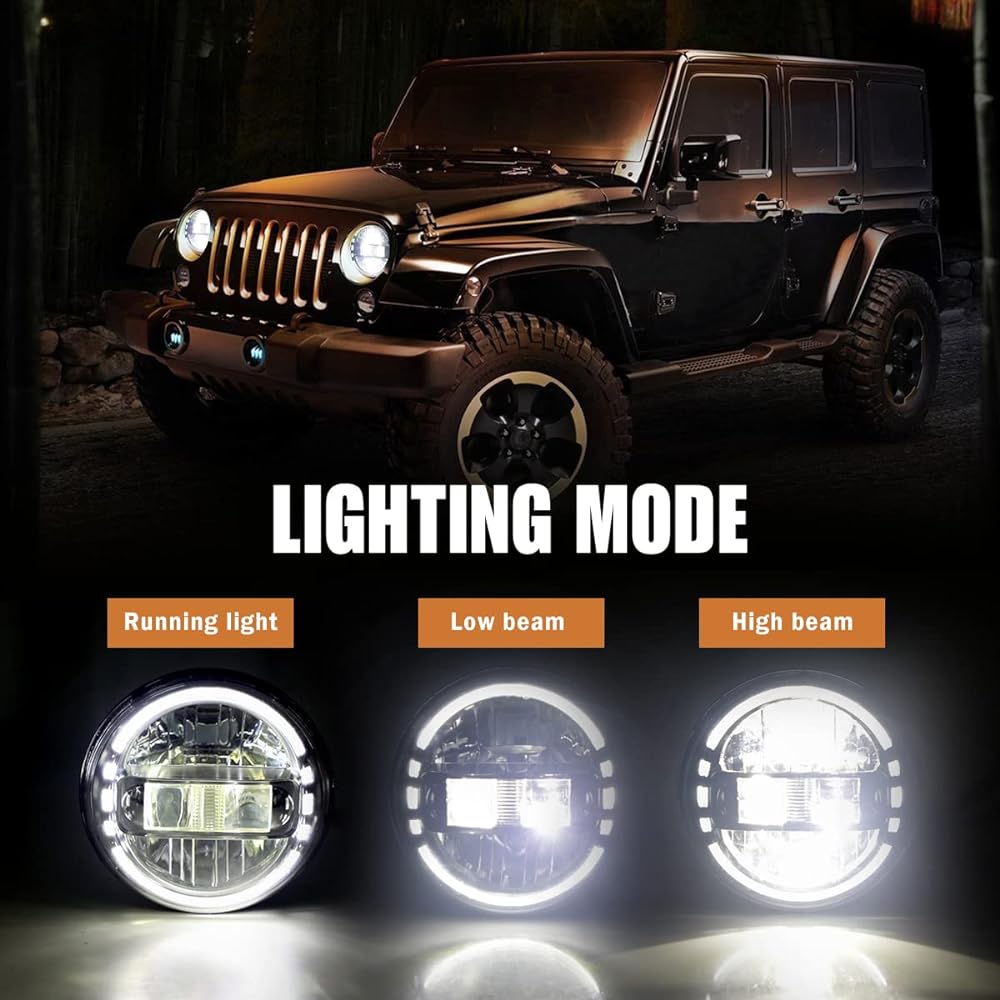 Audexen 7 inch black LED headlights DRL high-low beam + 4 inch black Smiley Design LED Fog Light Jeep Langler JK JKU TJ LJ 1997-2018, 2022 Express Patent