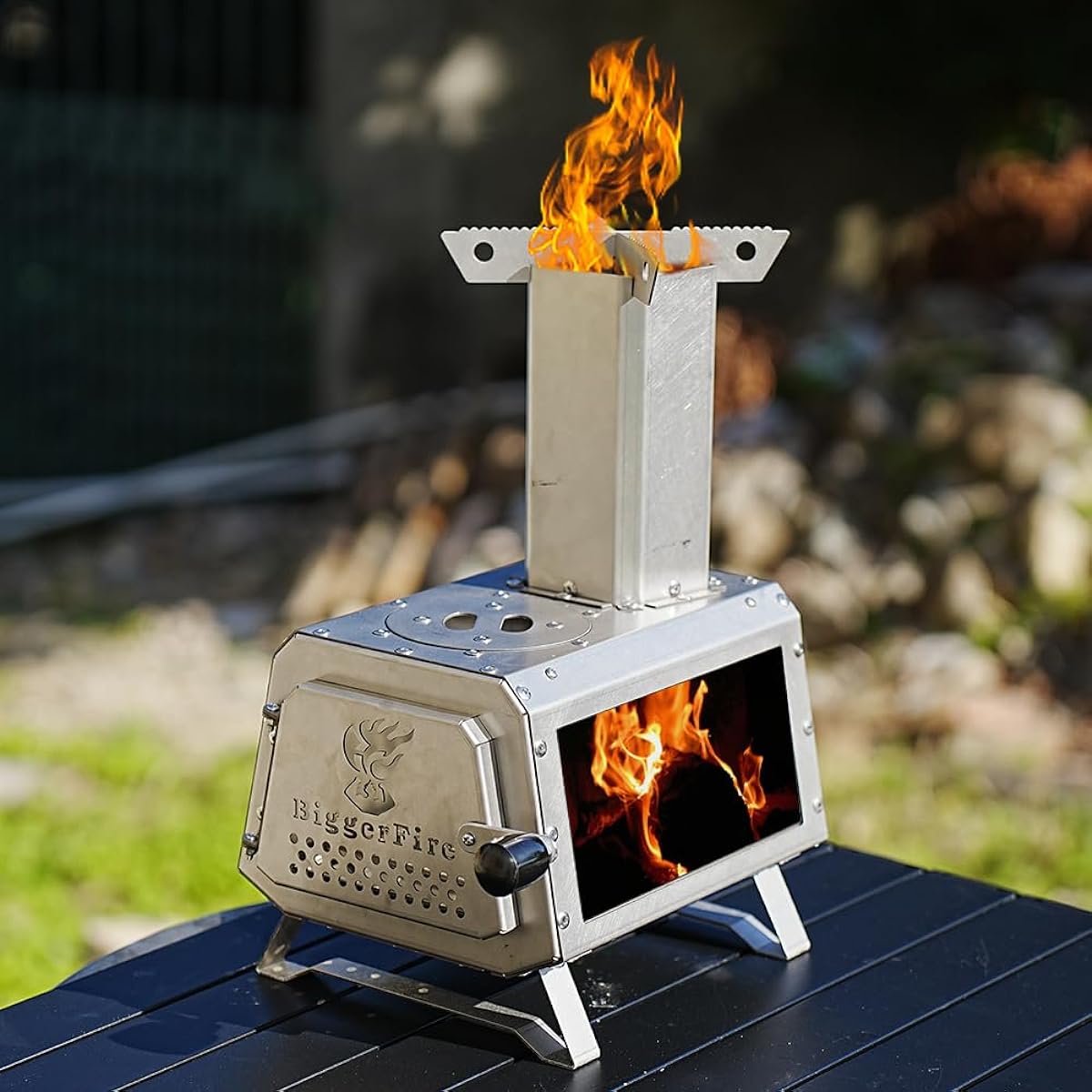 BiggerFire Stainless Steel Tabletop Mini Wood Stove, Camping Unique Stove, Compact and Lightweight, Comes with Chimney and Storage Bag, Suitable for Cooking, Coffee, Heating, Lighting, Fire Viewing, 1 or 2 Person Camping