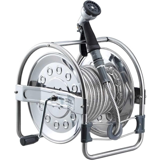 HATAYA All Stainless Steel Hose Reel 20m Made in Japan Outdoor LN-3 Type Lever Nozzle 7 Patterns Pressure Resistant/0.4MPa Bellows Hose Reel SSD-20J Silver