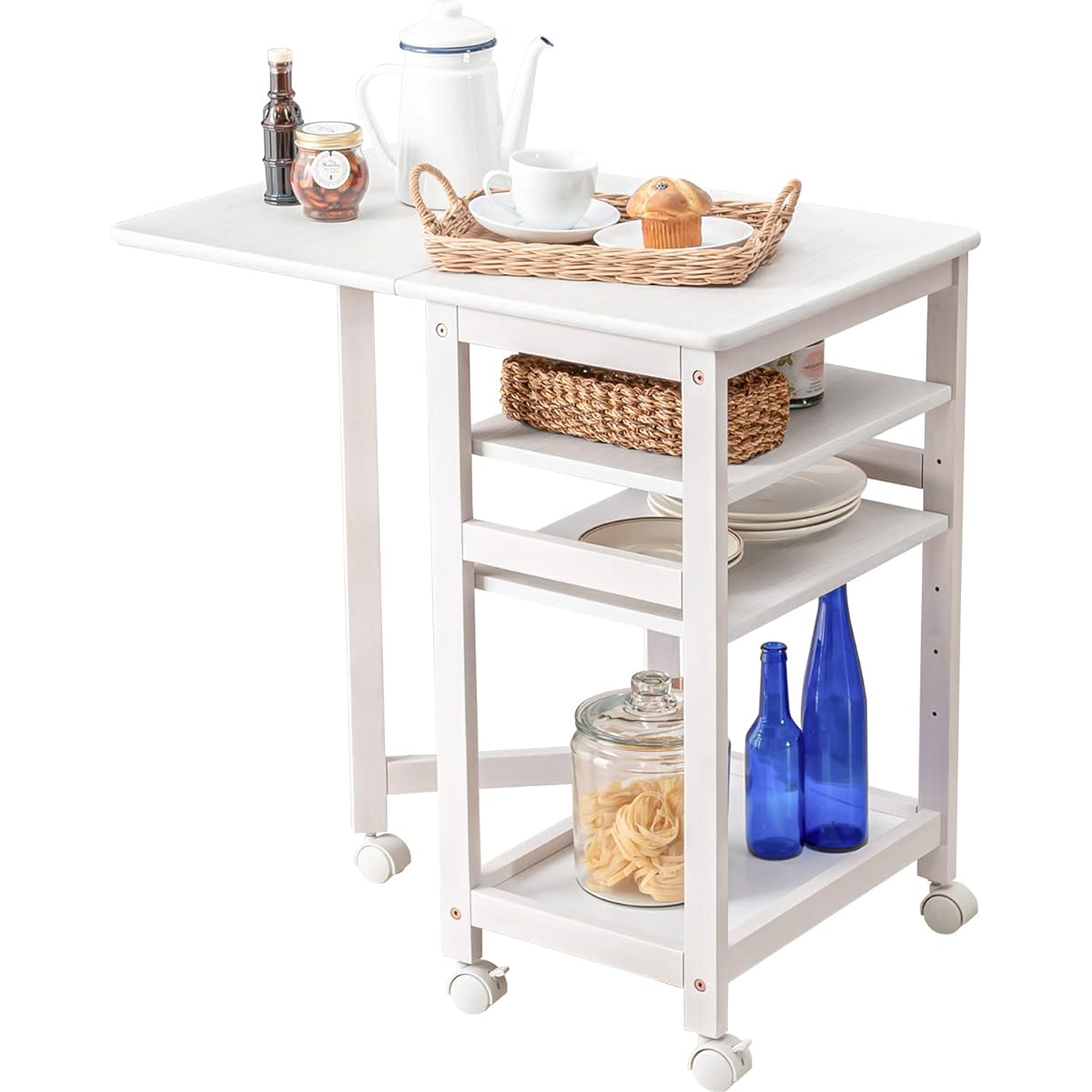 Hagihara Kitchen Wagon Kitchen Storage Shelf Stocker Butterfly Table Extended Top Board 2 Movable Shelves with Casters Sturdy Simple Slim Width 70 Depth 45 Height 71 White 1 unit VW-7984WS