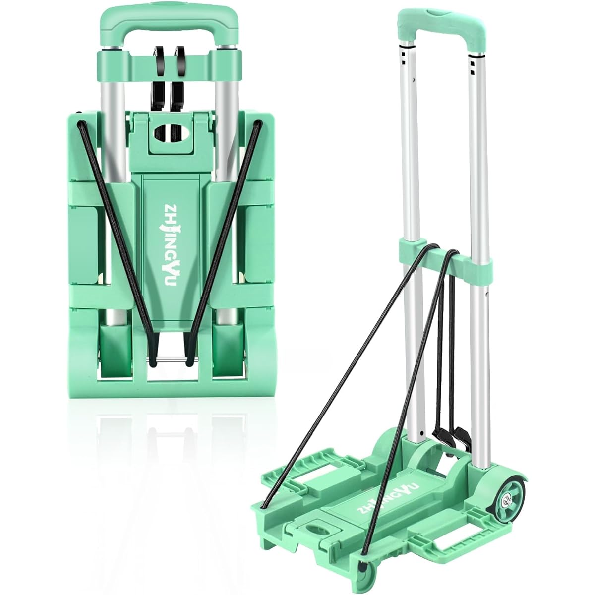 ZHJINGYU Carry Cart, Foldable, Lightweight, Expandable Plate, Quiet, Ultra Compact, Fixed Rubber Rope Included, Luggage Transport, Moving, Outdoor, 2 Wheels, Green