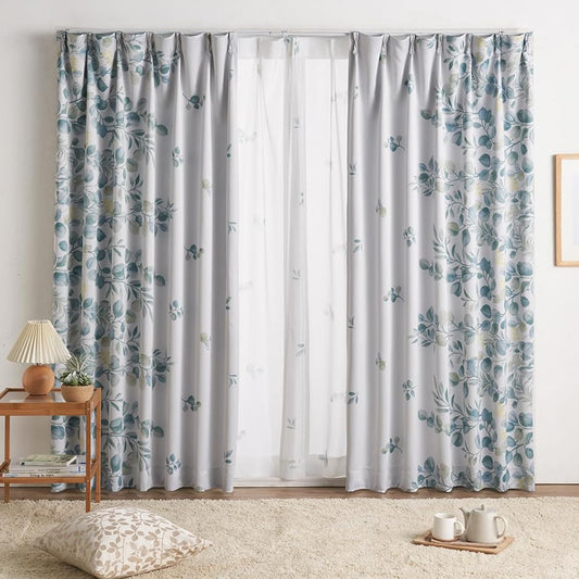 BELLUNA Curtain, Class 3, Blackout Patterned Curtain, Blindfold, Energy Saving, Thick, Leaf Pattern, Flower Pattern, Room Divider, Thick Curtain, 2 Washable Curtain Set, Set of 4, with Tassels, Thick