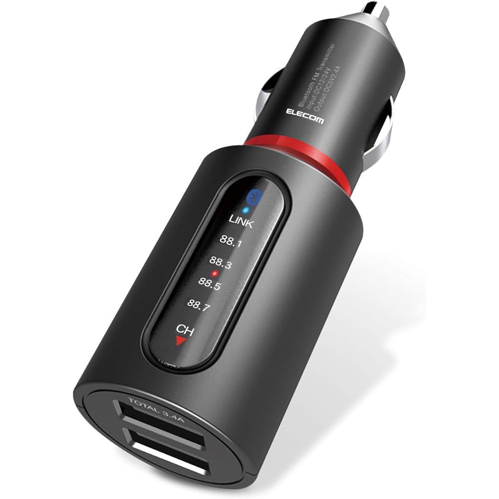 ELECOM FM Transmitter Bluetooth with USB2 Port 3.4A Black