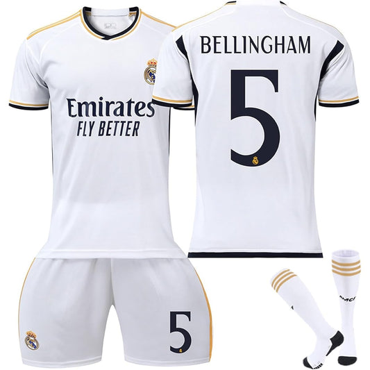 Bellingham Uniform Bellingham Number 5 Soccer Uniform 23-24 Real Madrid Home Soccer Wear Adult and Child Practice Wear Soccer T-shirt + Shorts + Socks (Size: 26)