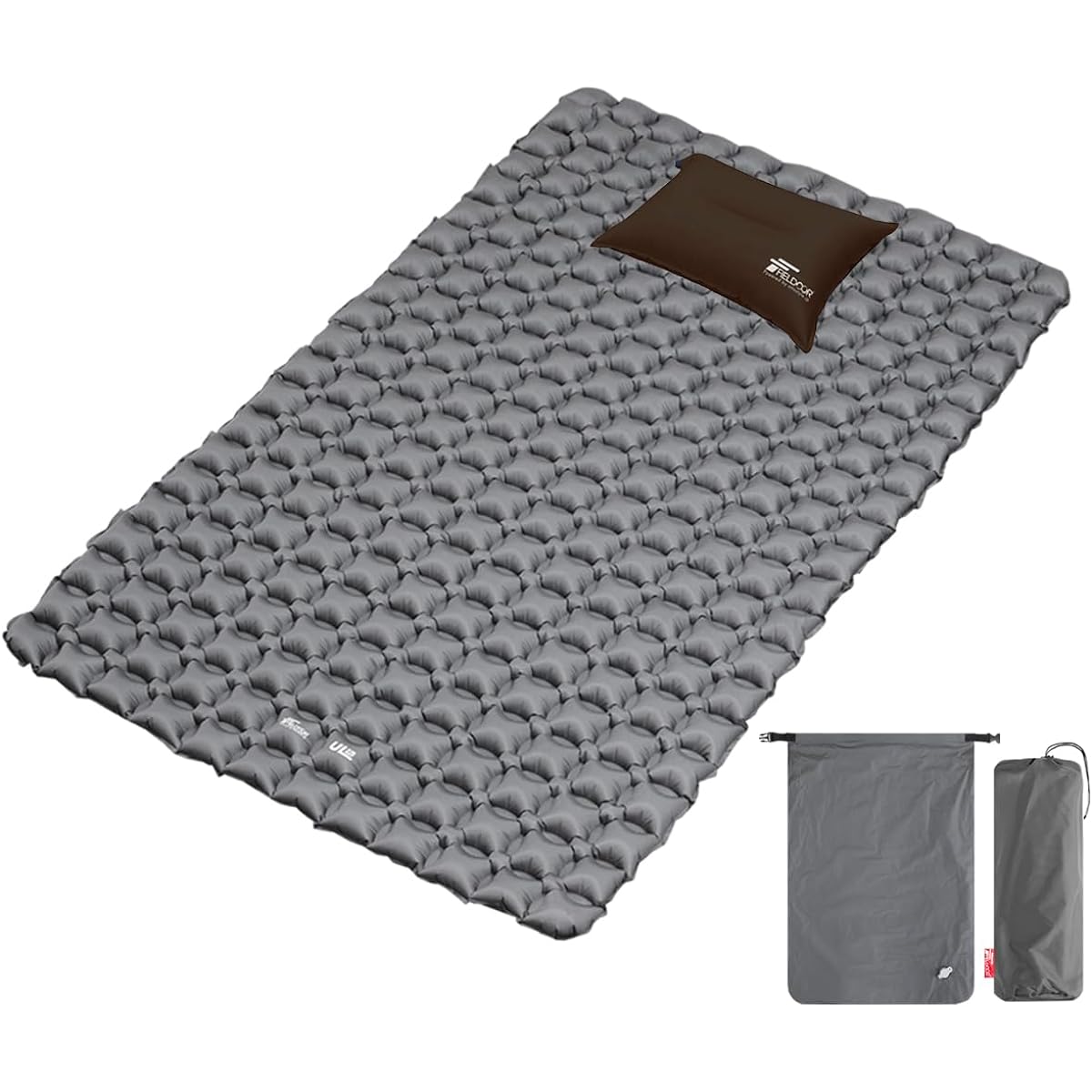 FIELDOOR Ultralight Air Mat [Gray/Double Size] 196 x 118 x 5cm & Inflatable Pillow [Brown] Water Repellent TPU Coating Compact Lightweight Climbing Camping Touring
