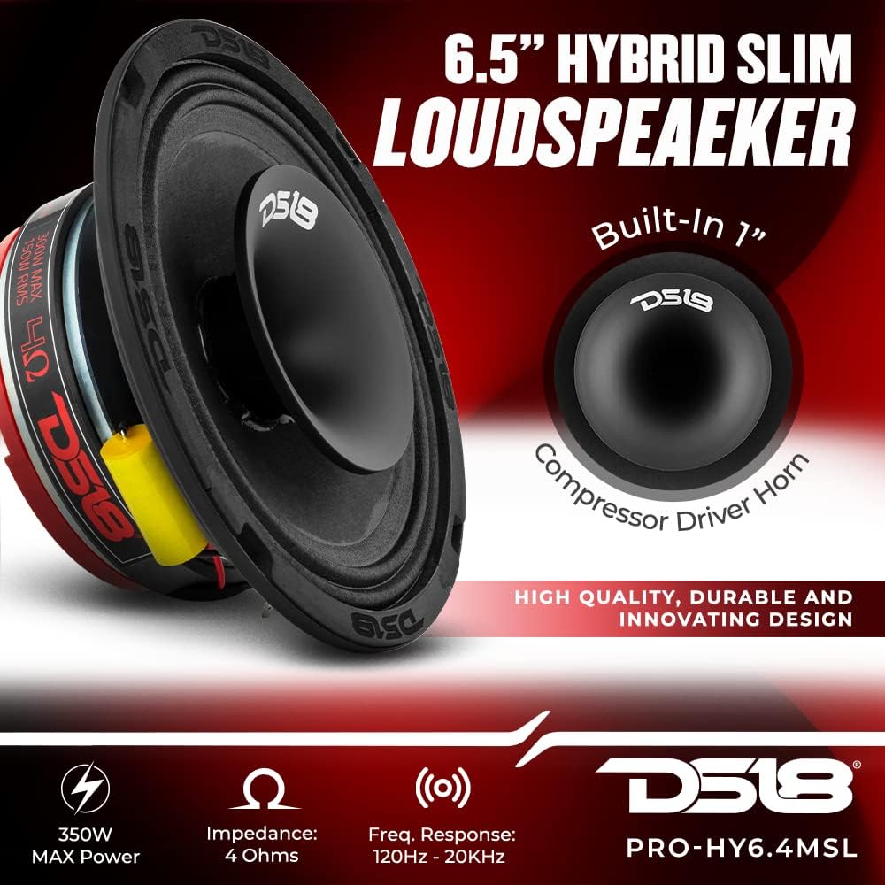 DS18 PRO-HY6.4MSL 6.5 inch shallow hybrid mid-range car audioloud speaker driver and grilled built-in 300W 150W RMS 4 ohm (1 speaker)