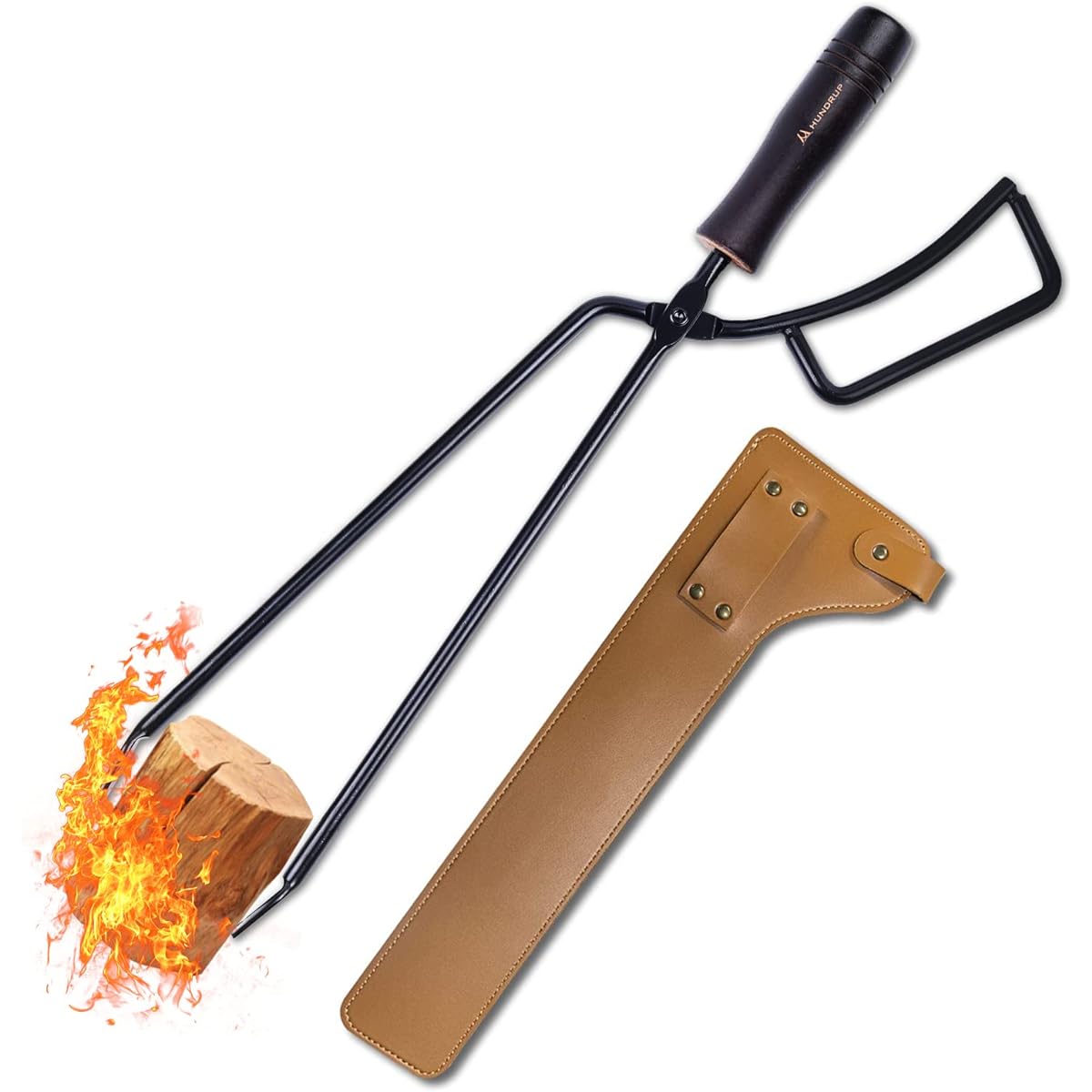 Fire Shears HUNDRUP Firewood Shears Fireplace Tongs with Leather Cover Wooden Handle Ultra Light Barbecue Charcoal Shears Outdoor BBQ Tongs Camping Equipment Bonfire Fireplace Equipment