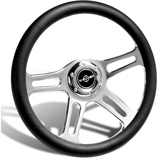 W-POWER 14 inch universal 350mm 6 bolt holes Vintage style aluminum polishing special black leather grip handle, black horn button, chrome 4 spokes