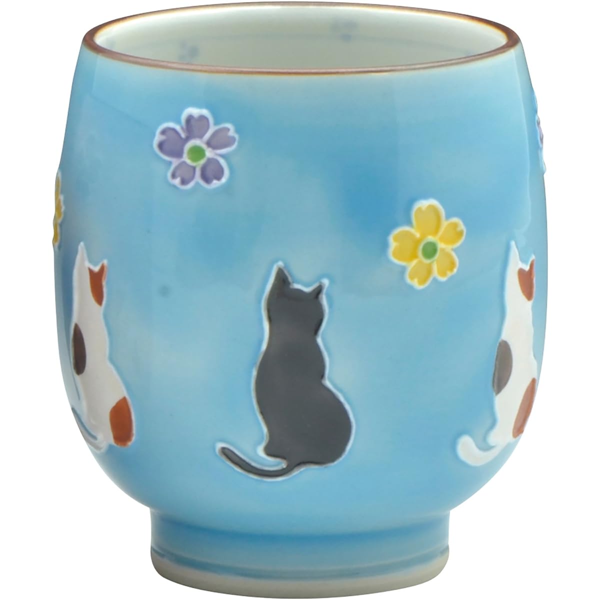 Kyoto ware, Kiyomizu ware, Shobogama teacup, large interdigital flower cat UIH958-01