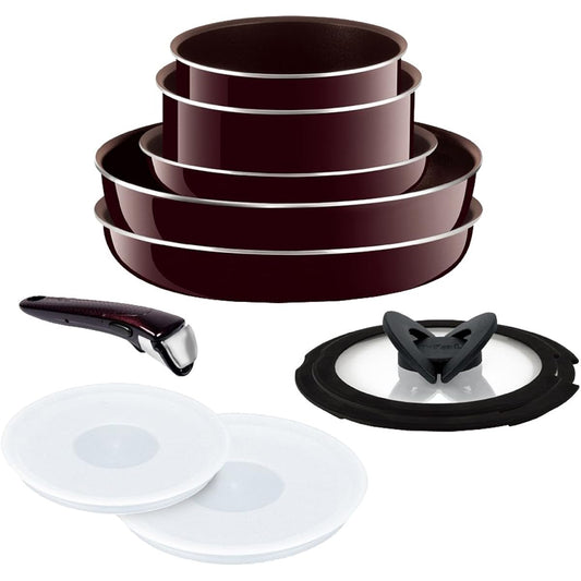 Tefal frying pan 10-piece set for gas fire only "Ingenio Neo Mahogany Premier Set 10" Titanium Premier 5-layer coating L63192 T-fal with removable handle [Not compatible with IH]