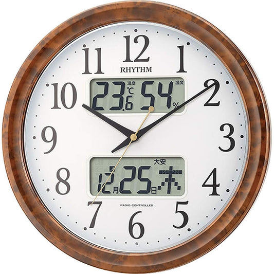 RHYTHM Wall Clock Radio Clock Analog Pure Calendar M617SR Dark Light Automatic Lighting Calendar Temperature/Humidity Display Brown (Wood Grain Finish) 4FY617SR23