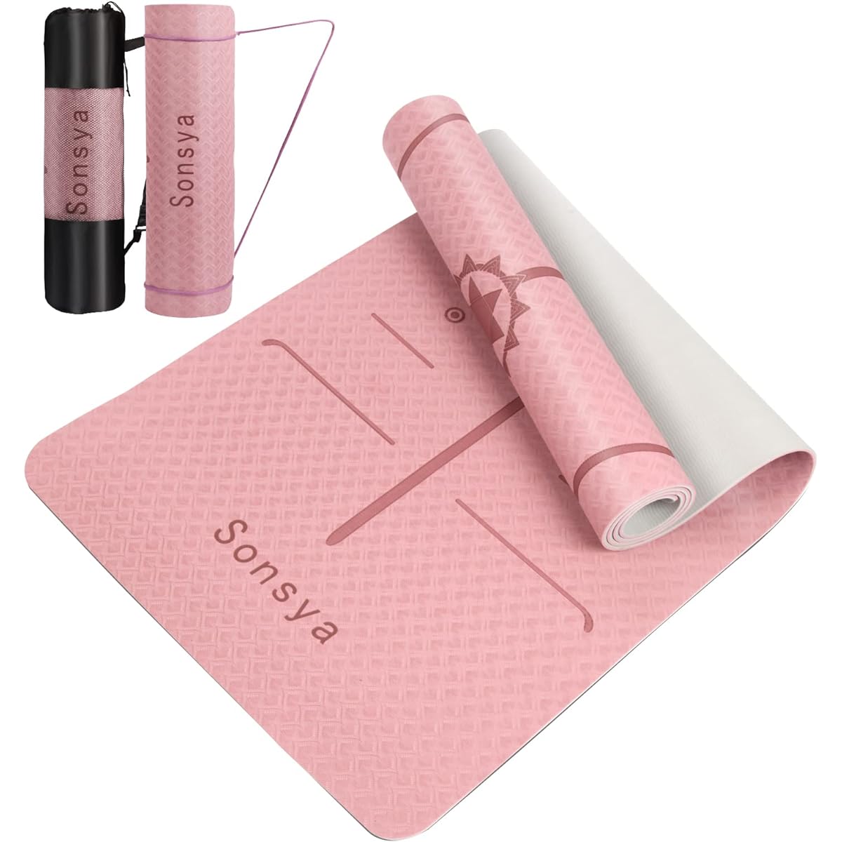 Sonsya Yoga Mat 6mm Thick Training Mat TPE Material Body Position Line Double Side Non-Slip Lightweight 2-Color Exercise Mat Pilates Mat Fitness Mat Yoga Mat Storage Bag Included