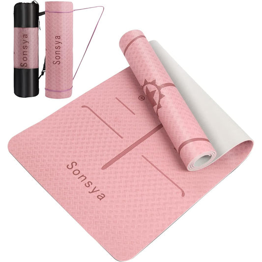 Sonsya Yoga Mat 6mm Thick Training Mat TPE Material Body Position Line Double Side Non-Slip Lightweight 2-Color Exercise Mat Pilates Mat Fitness Mat Yoga Mat Storage Bag Included