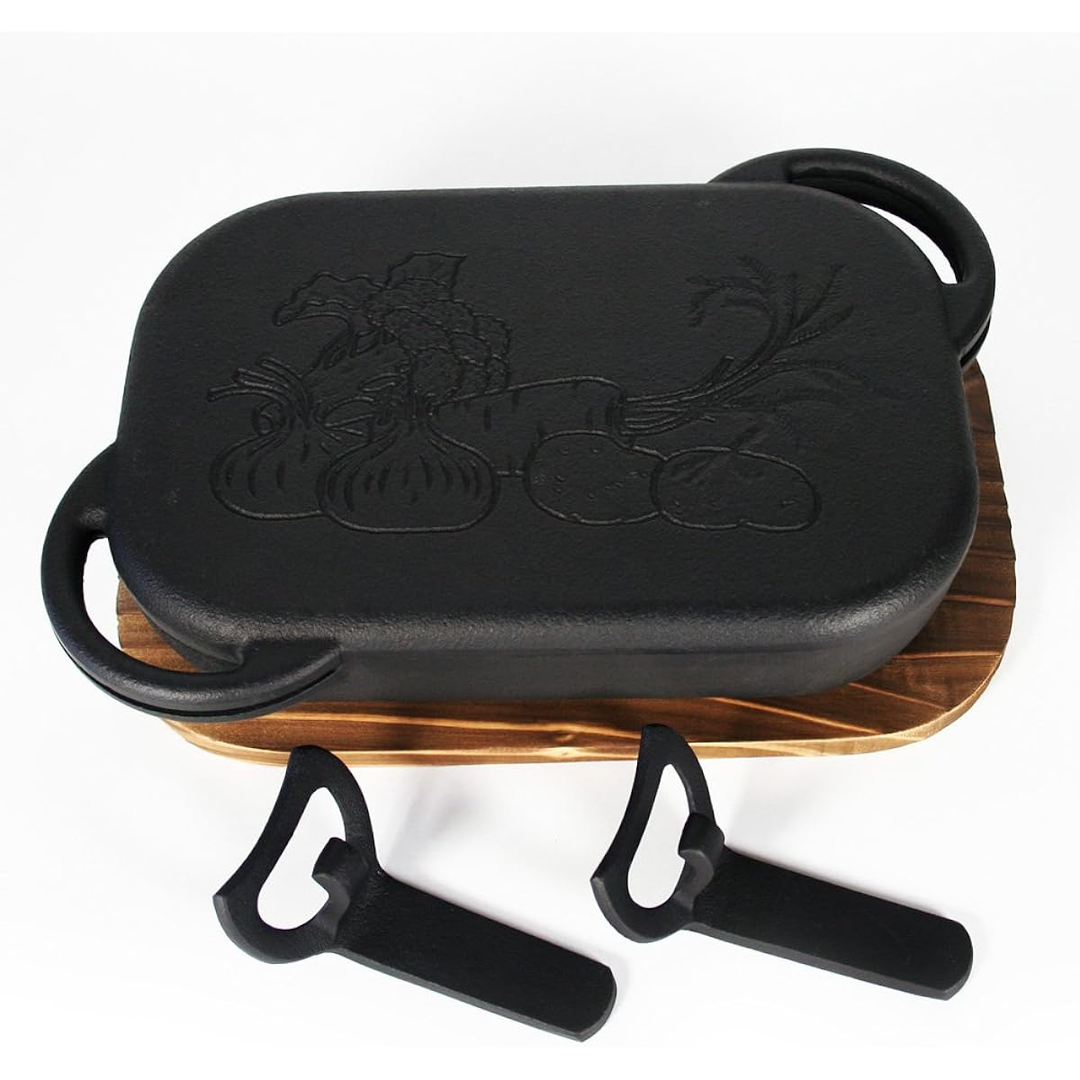 Made in Japan Nanbu Tekki ``Bake Pan'' (with wooden stand and 2 handles) Grill pan IH compatible/Gas stove compatible/Fish grill compatible/Toaster oven compatible Oven grill pan