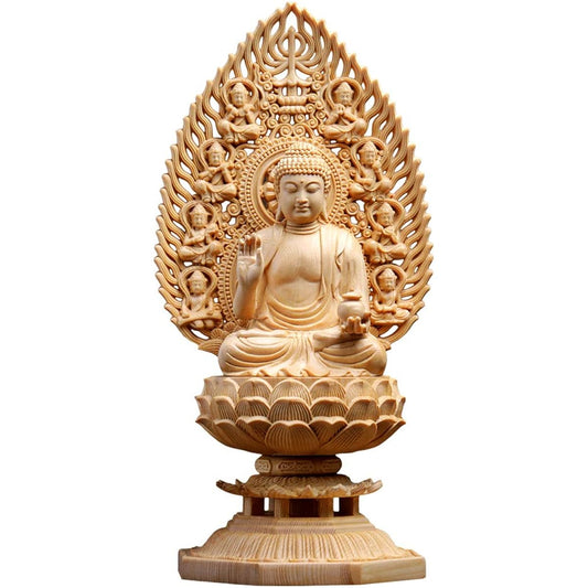 Hanro Art Sculpture Buddha Statue Yakushi Nyorai Wooden Cypress Hiten Halo Octagonal Pedestal Good Health, Healing Illness, Protection, Warding Off Misfortune, Good Luck (Height 28cm x Width 12cm x Depth 12cm) (Log wood)
