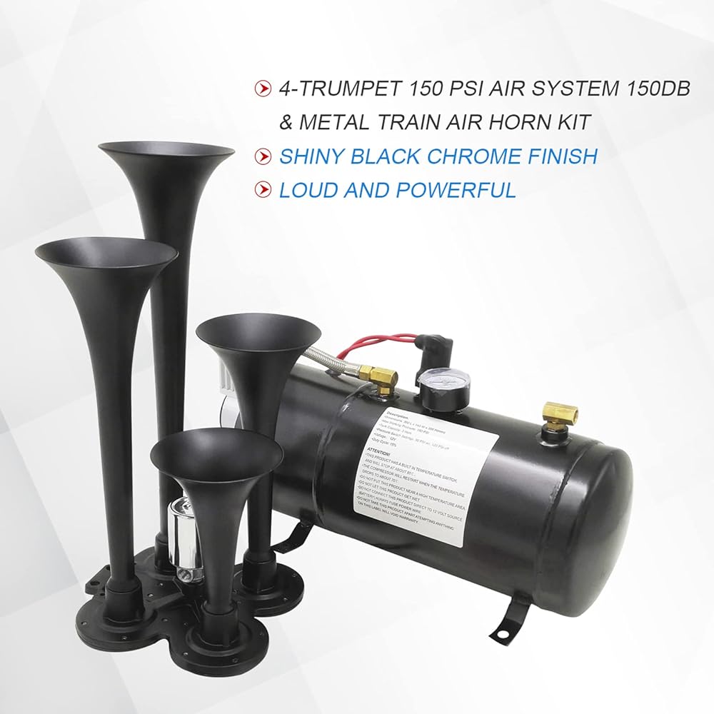 LDMINDA 150DB 4 Trumpet Train Horn Kit 150PSI 12V Air Compressor Air Horn Compressor Tank Vehicle Track or SUV