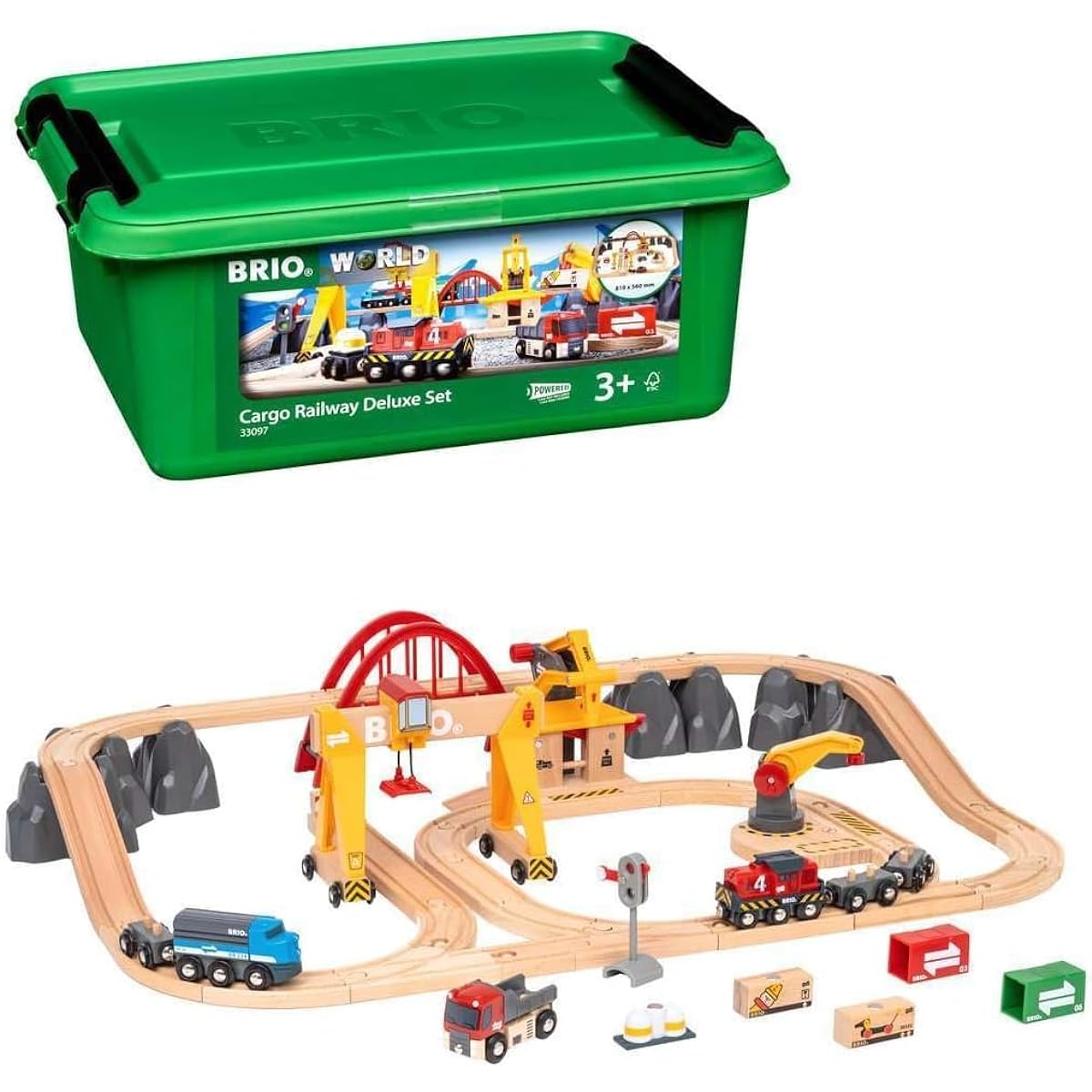 BRIO WORLD Cargo Rail Deluxe Set [Total 54 Pieces] Ages 3 and up (Electric Vehicle, Train, Toy, Wooden Rail) 33097