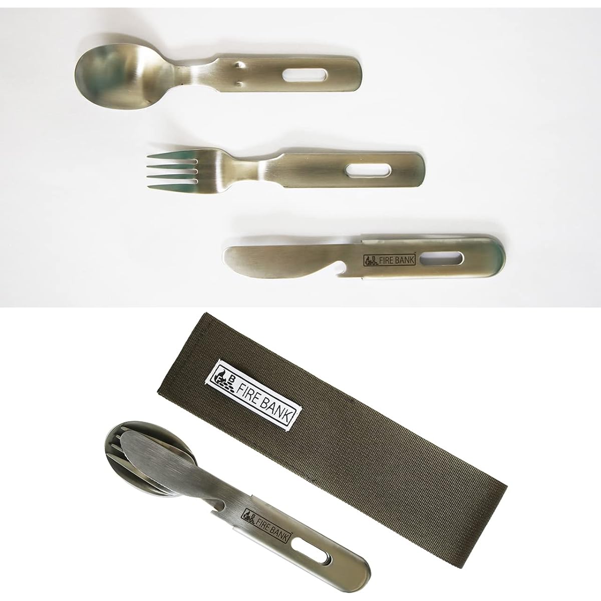 FIRE BANK Storage Cutlery Sphona (Spoon, Fork, Knife) [Case Color: Khaki] Made in Japan Tsubame-Sanjo