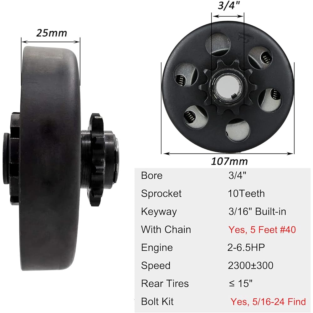 FDJ centrifugal clutch 3/4 inch bore 10 tooth go -kart clutch #40 chain and clutch bolt kit