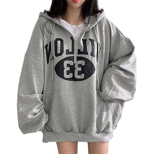 [Alhyla] Women's Hoodie, Loose Sweatshirt, Hooded Sweatshirt, Pullover Top, Half Zip Hoodie, Fleece Lining, Oversize, Korean Zip Up Hoodie, Street Style