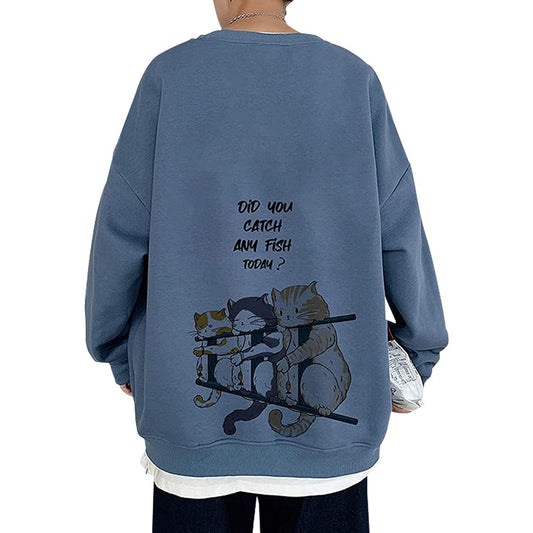 [ARIGADOU] Men's Sweatshirt, Fleece-lined Parka, Long Sleeve, Back Cat Print, Oversized, Thick, Cold Protection, Warm, Loose, Stylish, Autumn/Winter Clothes