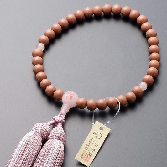 Buddhist Altar Shop Takita Shoten Kyoto Prayer Beads for Women, Red Cherry Blossoms, Rose Quartz Cherry Blossom Carving, 8mm Beads, Pure Silk Headed Buns, Bead Bag Included, Can Be Used by All Sects, Certificate Included