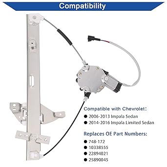 OBAEE Front Left Left Left Left Power Window Lift Legurator & Motor Assembly Chevrolet Impala 2006-2013 & CHEVROLET IMPALA LIMITED 2014-2015 Replacement OE 10338555 748-172